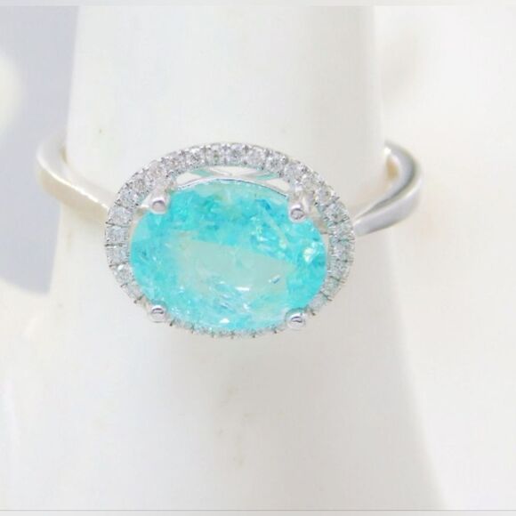 Rare 2.36Ctw Paraiba Tourmaline & Diamond Halo, 14K White GOLD with Appraisal - Picture 1 of 7